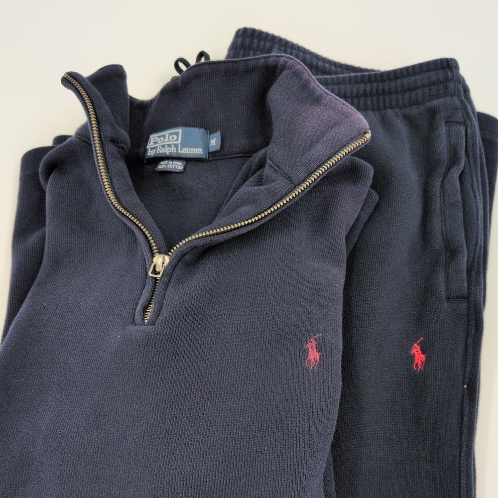 Vintage Y2K Polo Ralph Lauren Men's Tracksuit Navy Quarter Zip Sz Medium Pony